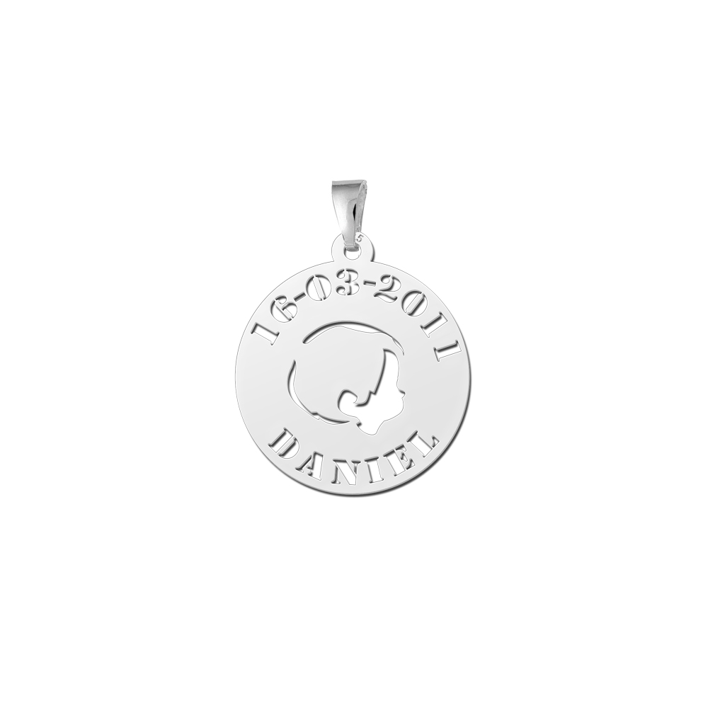Colgante bebé de plata con cabeza de niño, nombre y fecha