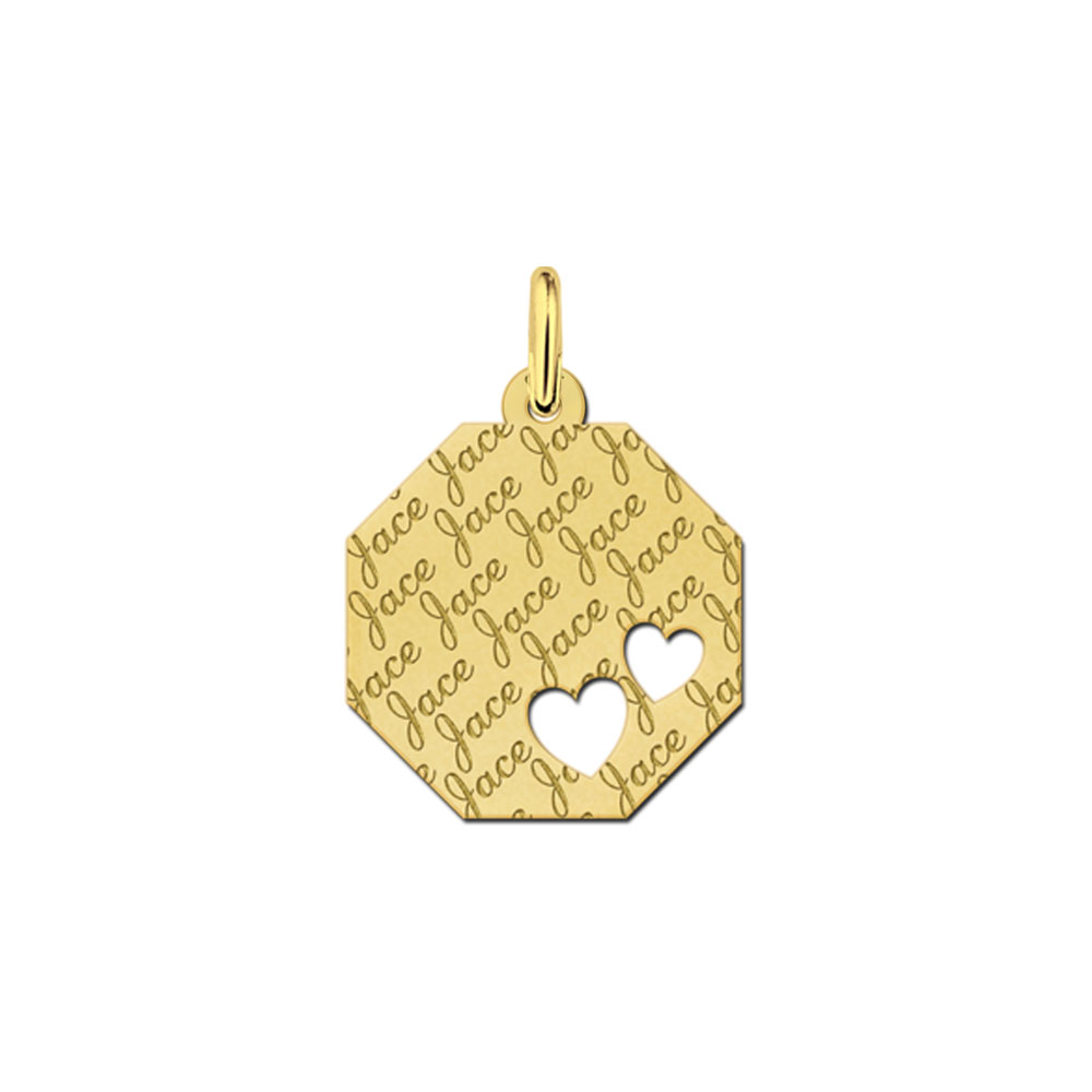 Colgante octogonal chapado en oro con patrón de nombre y 2 corazones