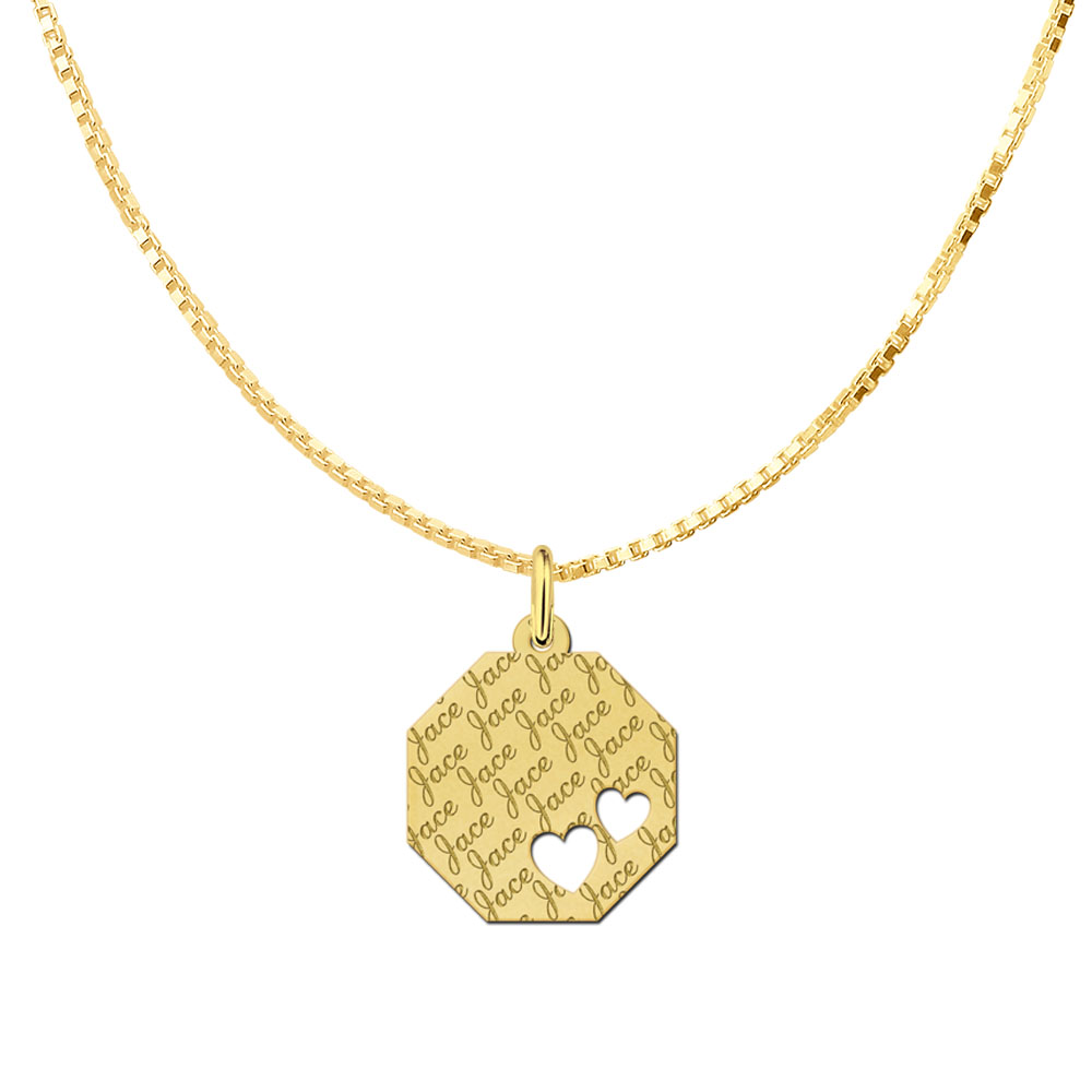 Colgante octogonal chapado en oro con patrón de nombre y 2 corazones