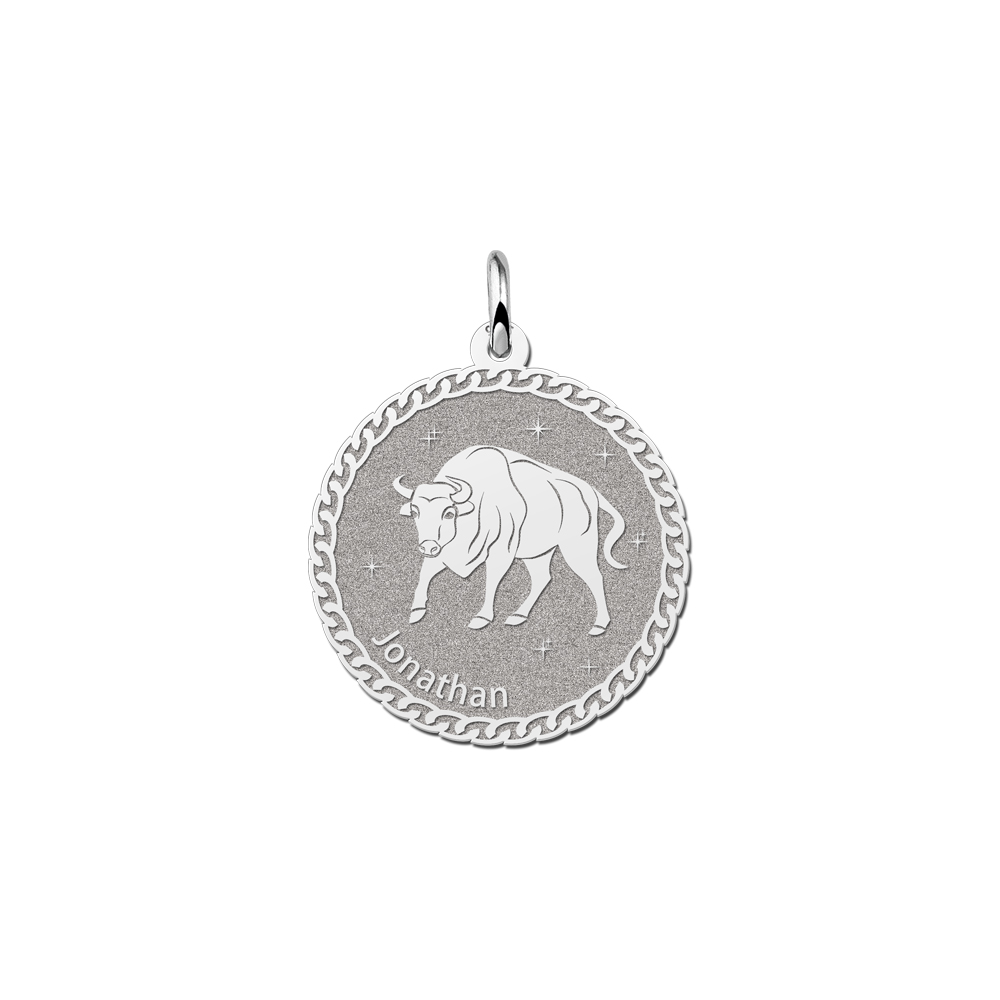 Colgante Redondo de Plata Signo del Zodiaco Tauro con Grabado de Nombre
