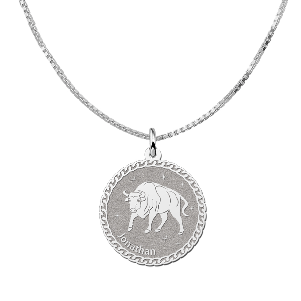 Colgante Redondo de Plata Signo del Zodiaco Tauro con Grabado de Nombre