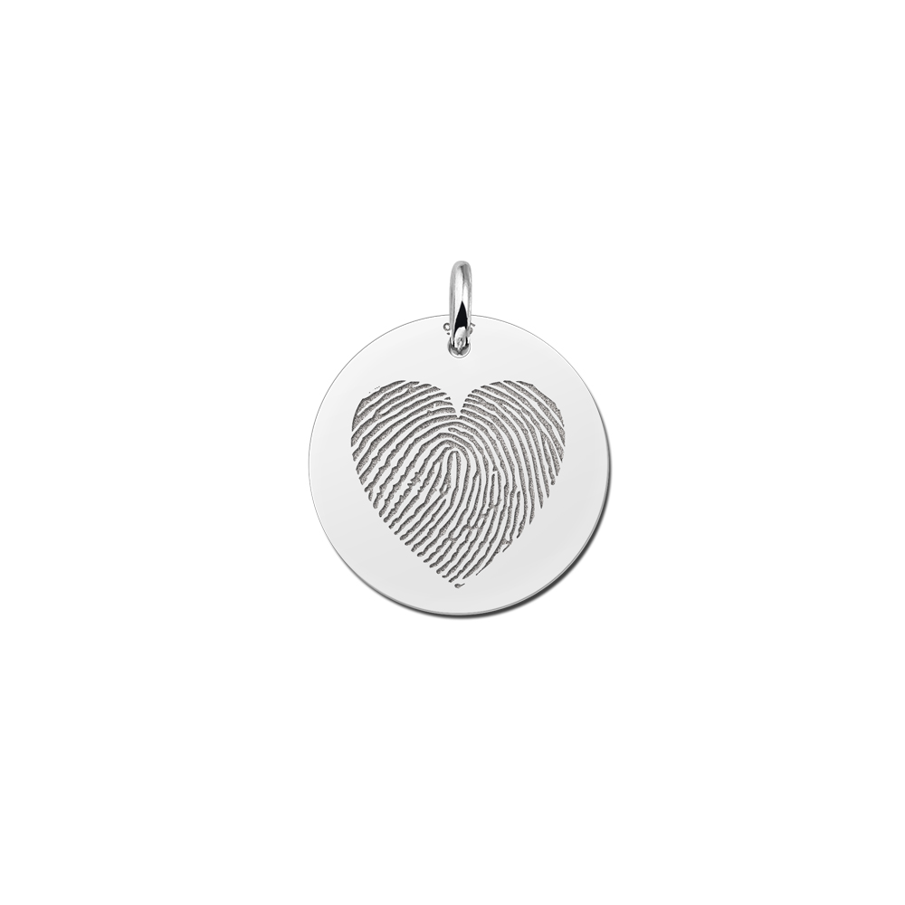 Colgante redondo de plata con huella dactilar en forma de corazón Colgante redondo de plata con huella dactilar en forma de corazón