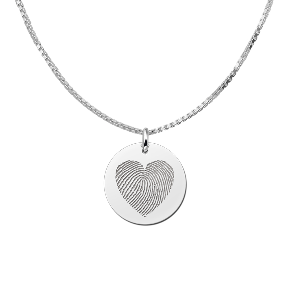 Colgante redondo de plata con huella dactilar en forma de corazón Colgante redondo de plata con huella dactilar en forma de corazón