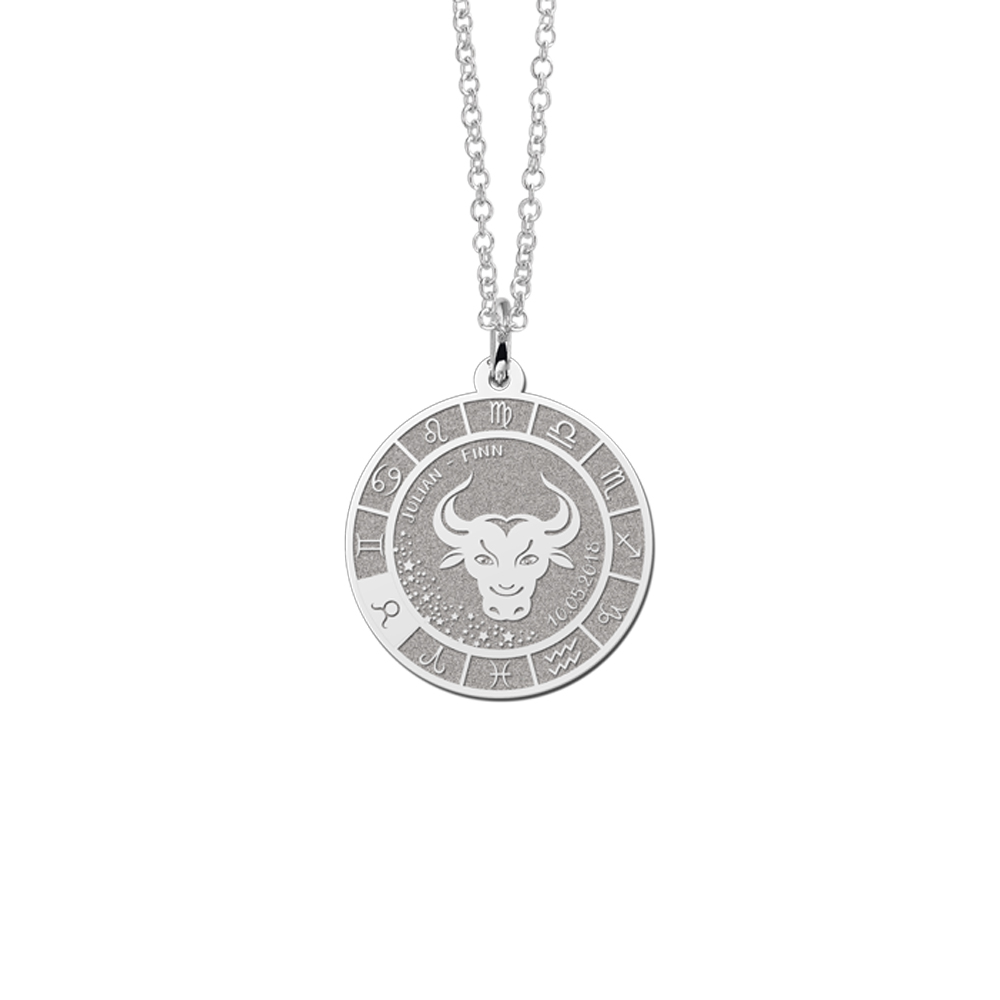 Colgante Redondo de Plata Signo del Zodiaco Tauro con Grabado