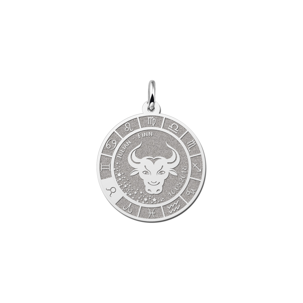Colgante Redondo de Plata Signo del Zodiaco Tauro con Grabado