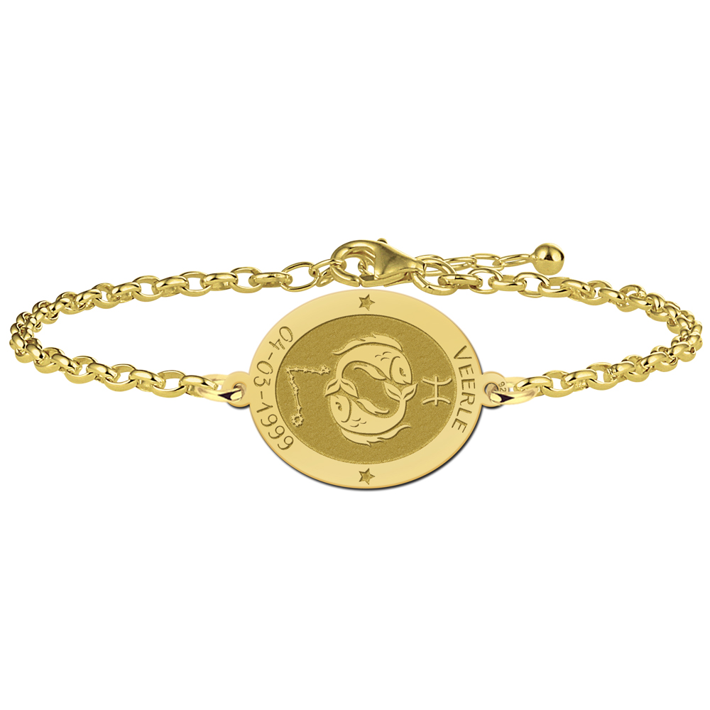 Pulsera Ovalada Signo del Zodíaco Piscis Chapada en Oro con Nombre y Fecha