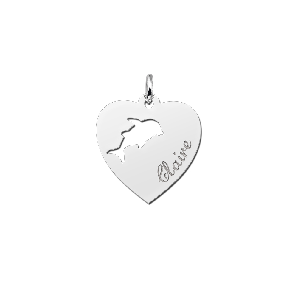 Colgante de corazón de plata con delfín y nombre