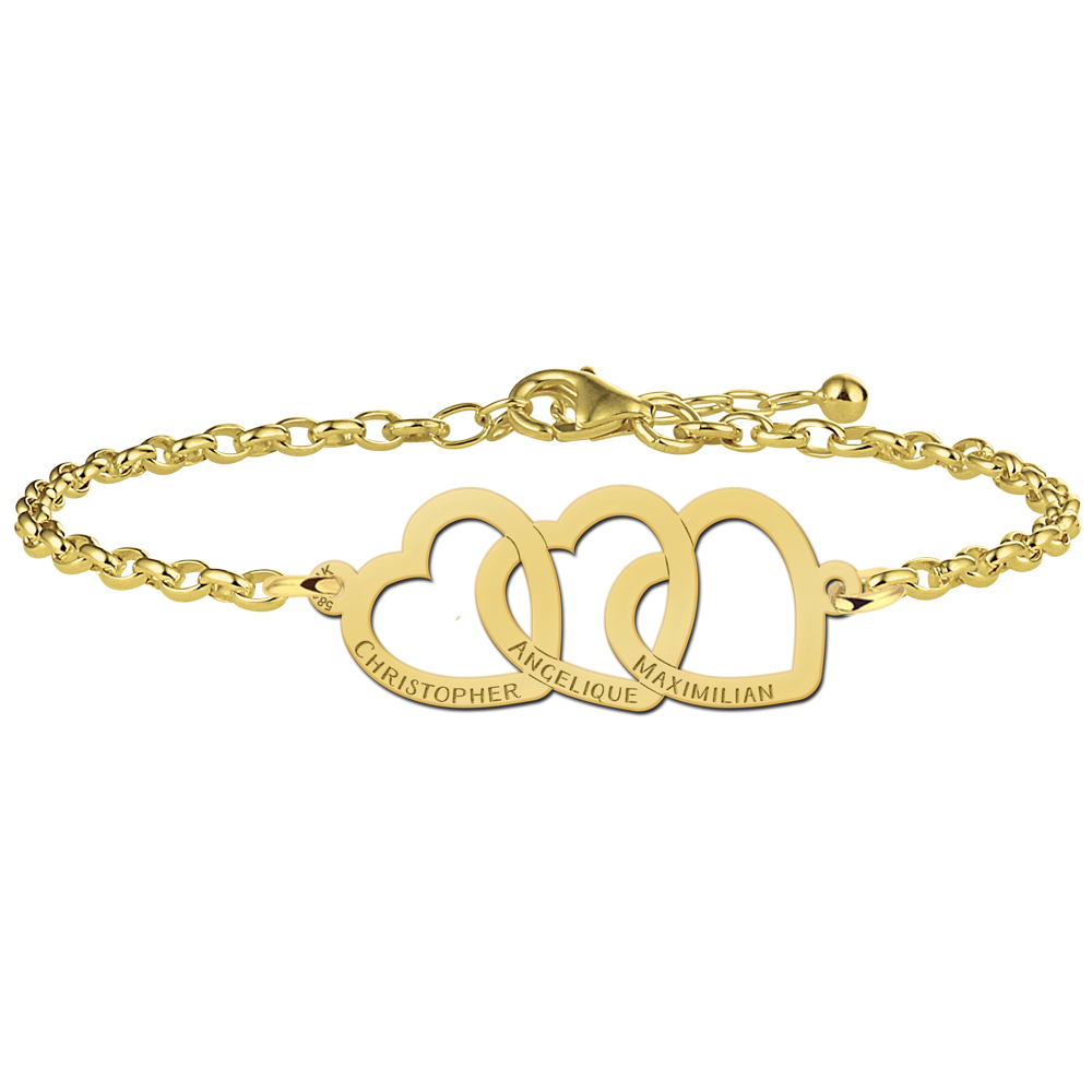 Pulsera de oro con tres corazones unidos y nombres