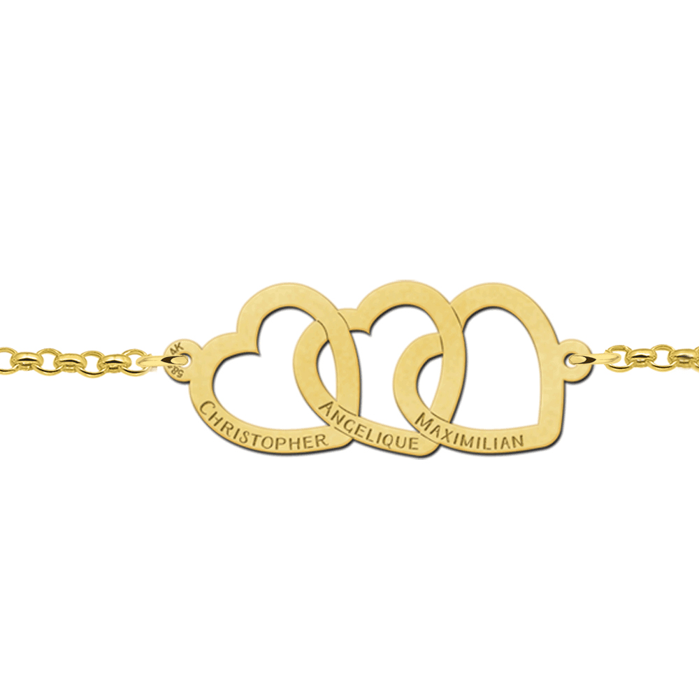 Pulsera de oro con tres corazones unidos y nombres Pulsera de oro con tres corazones unidos y nombres