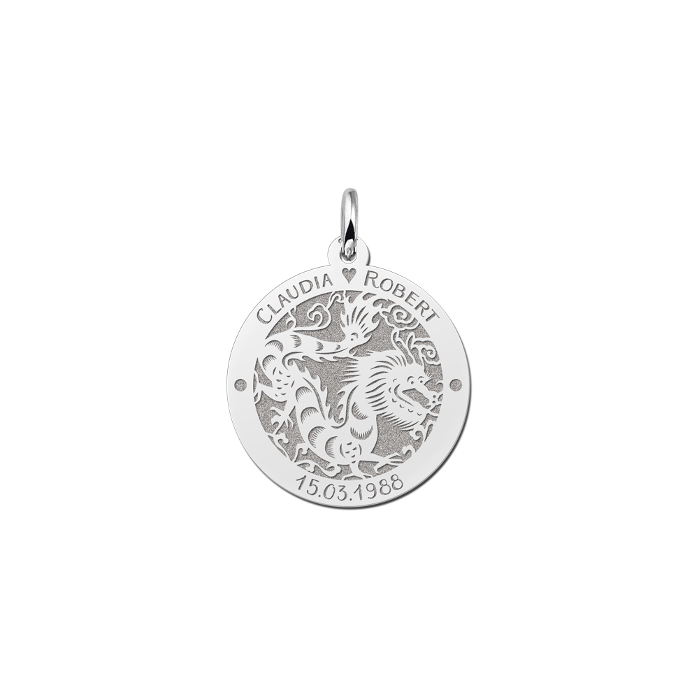 Colgante Redondo de Plata Signo del Zodiaco Chino Dragón con Grabado
