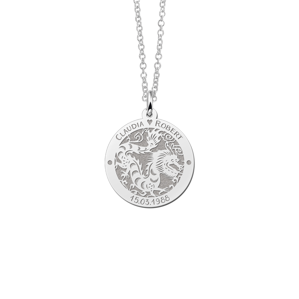 Colgante Redondo de Plata Signo del Zodiaco Chino Dragón con Grabado
