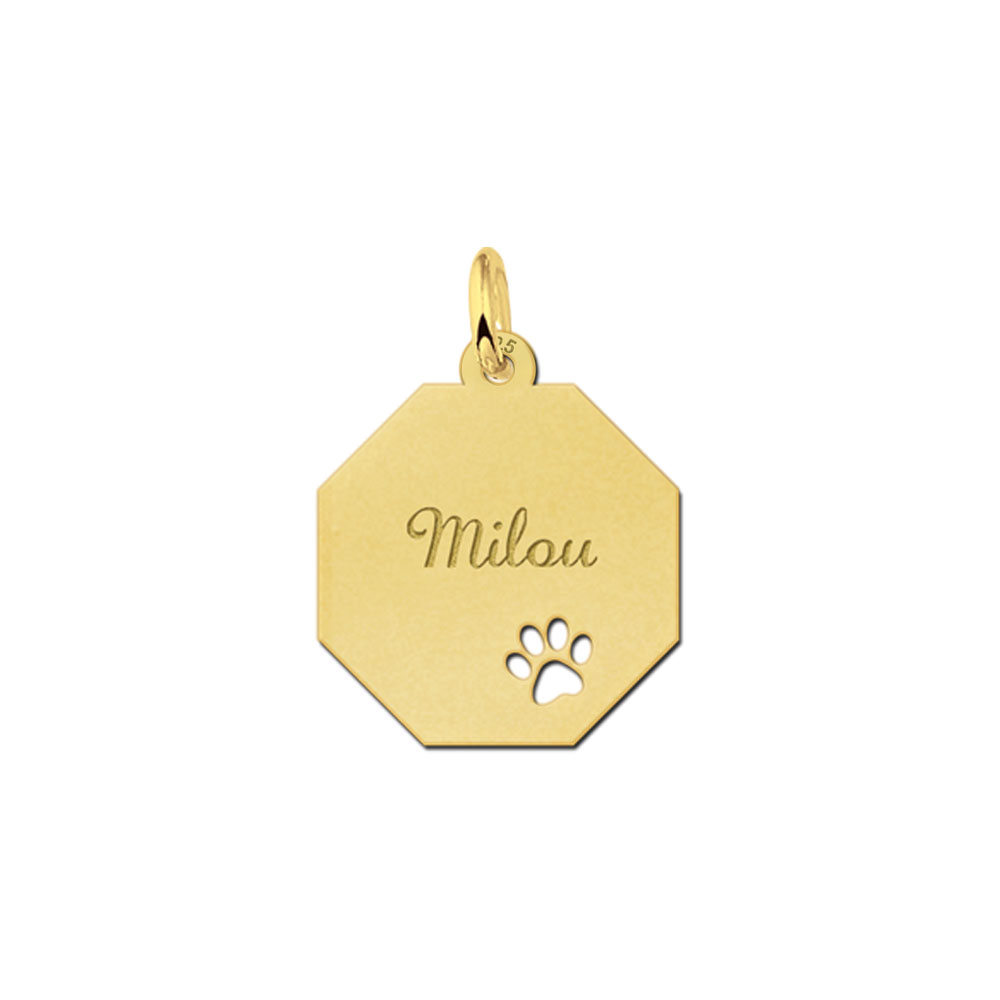Colgante octogonal chapado en oro con huella de perro