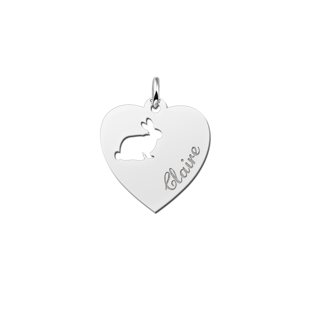 Placa grabada de plata niño corazón con conejito Placa grabada de plata niño corazón con conejito
