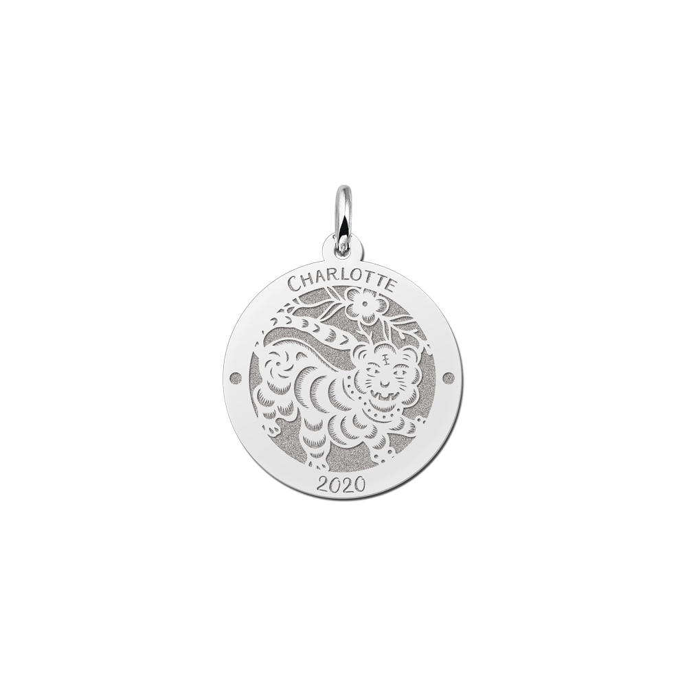 Colgante Redondo de Plata Signo del Zodiaco Chino Tigre con Grabado