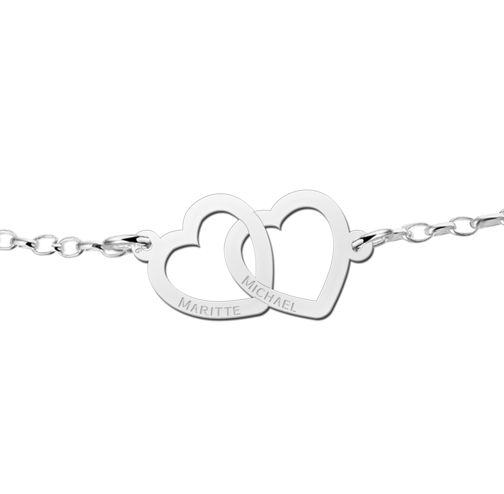 Pulsera de plata con dos corazones unidos y nombres Pulsera de plata con dos corazones unidos y nombres