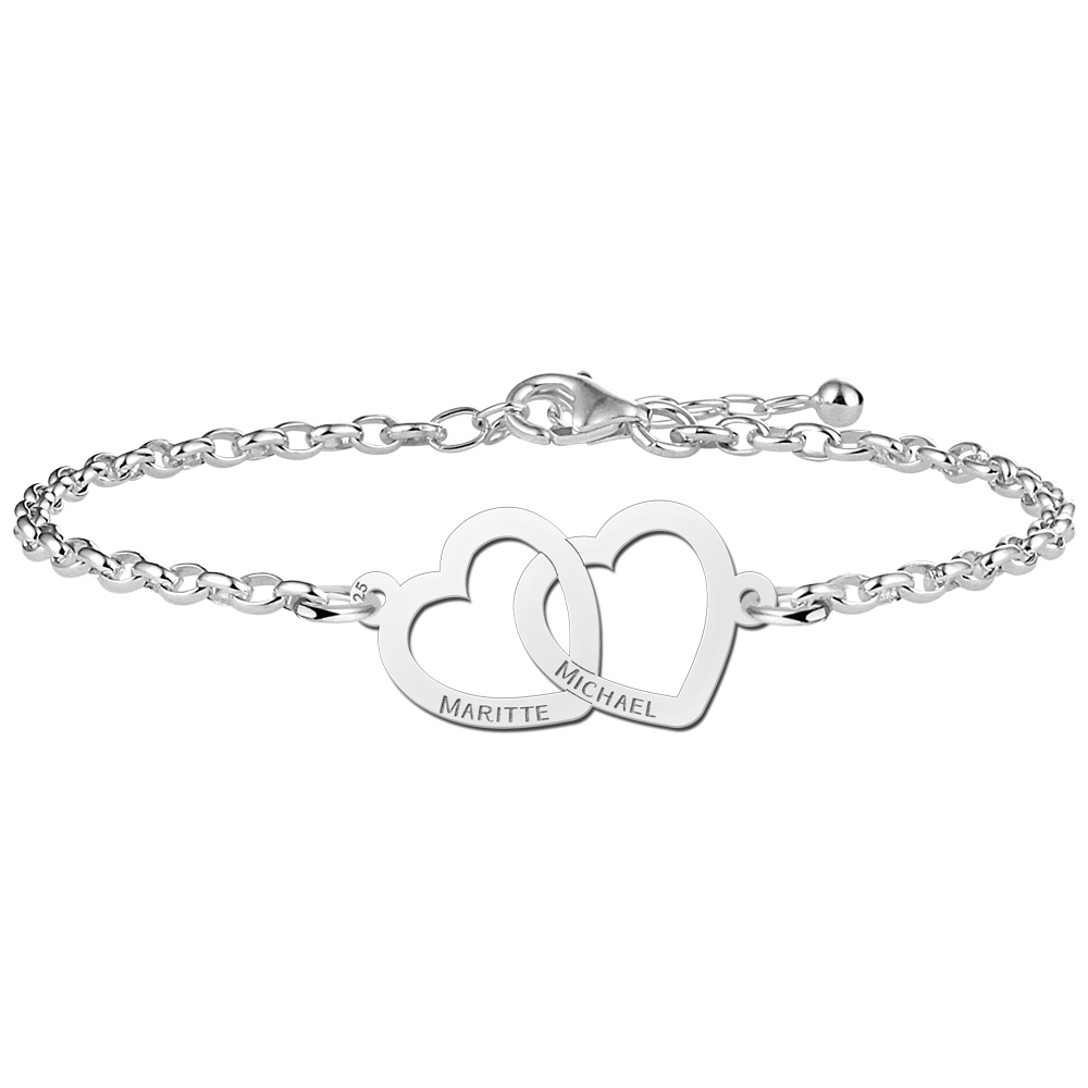Pulsera de plata con dos corazones unidos y nombres Pulsera de plata con dos corazones unidos y nombres