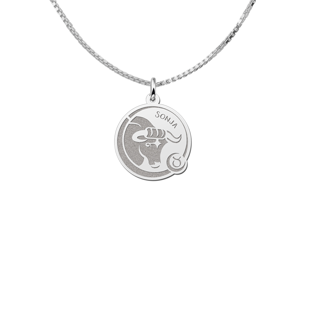 Colgante Redondo de Plata Signo del Zodiaco Tauro con Grabado de Nombre