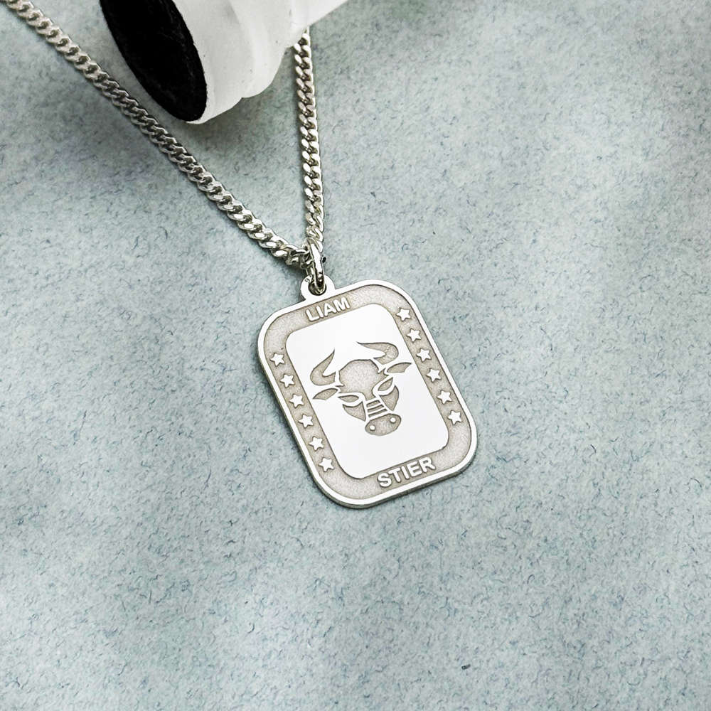 Colgante Rectangular de Plata Signo del Zodiaco Tauro con Grabado