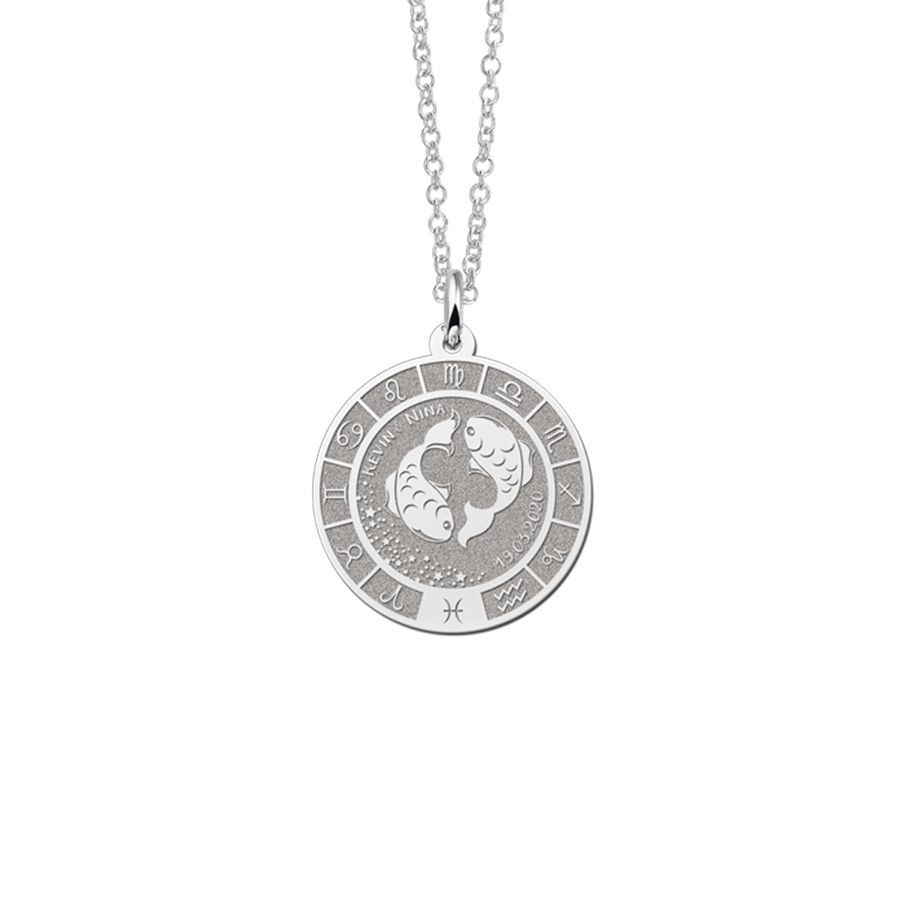 Colgante Redondo de Plata Signo del Zodiaco Piscis con Grabado