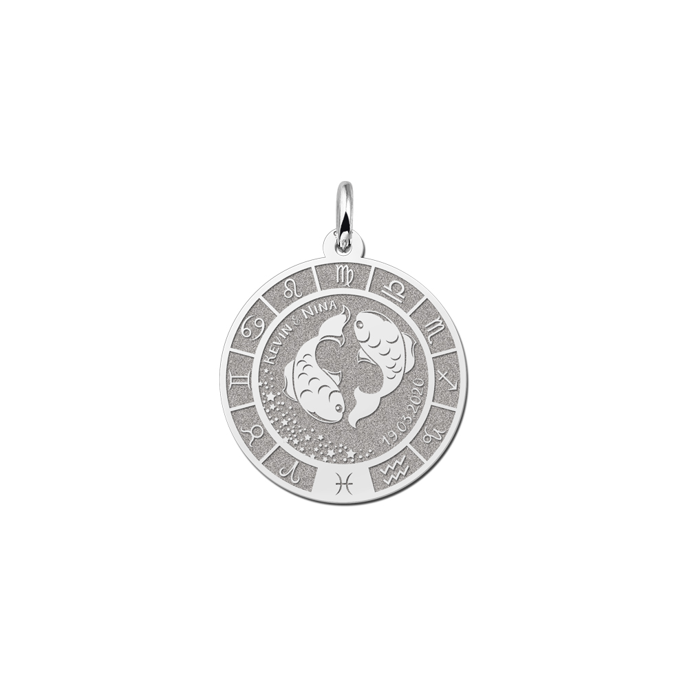 Colgante Redondo de Plata Signo del Zodiaco Piscis con Grabado