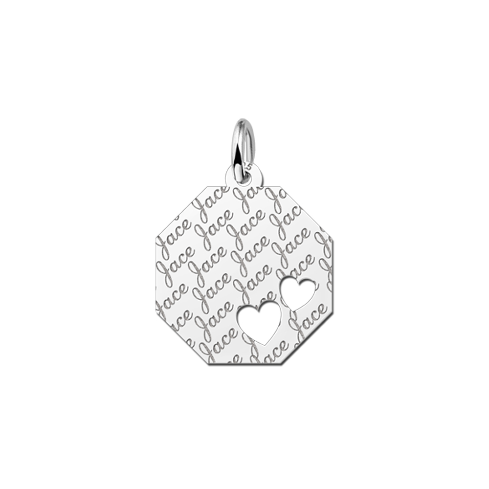Colgante octogonal de plata patrón de nombre & 2 corazones