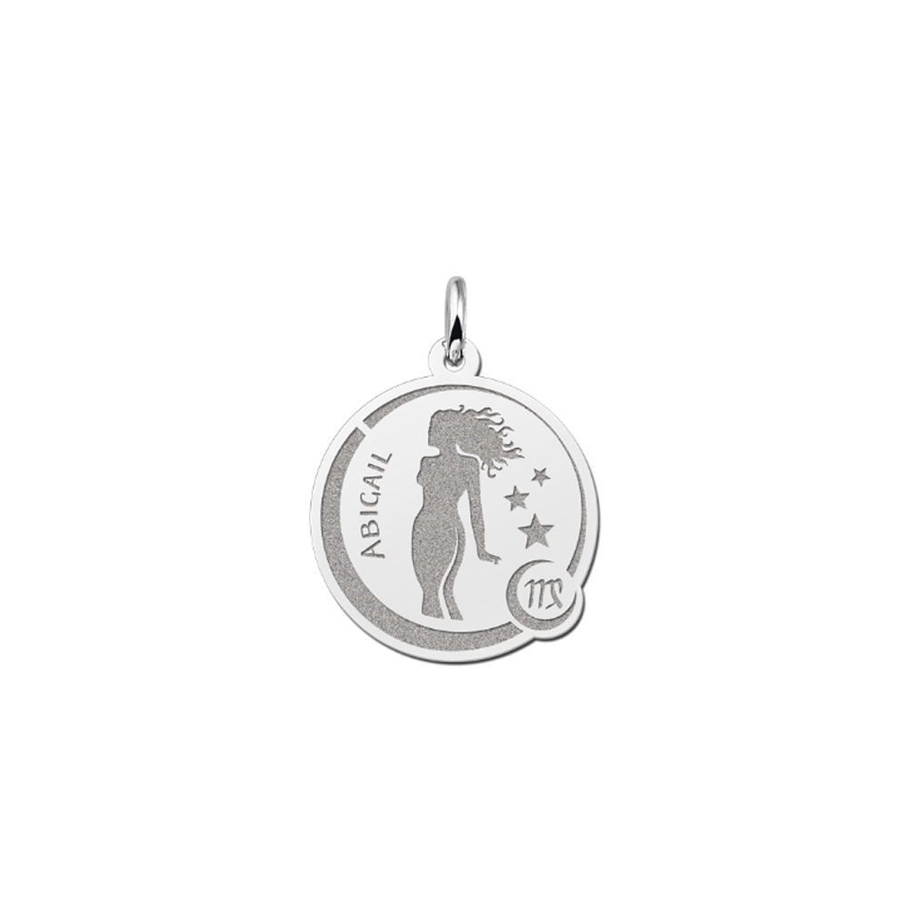 Colgante Redondo de Plata Signo del Zodiaco Virgo con Grabado de Nombre