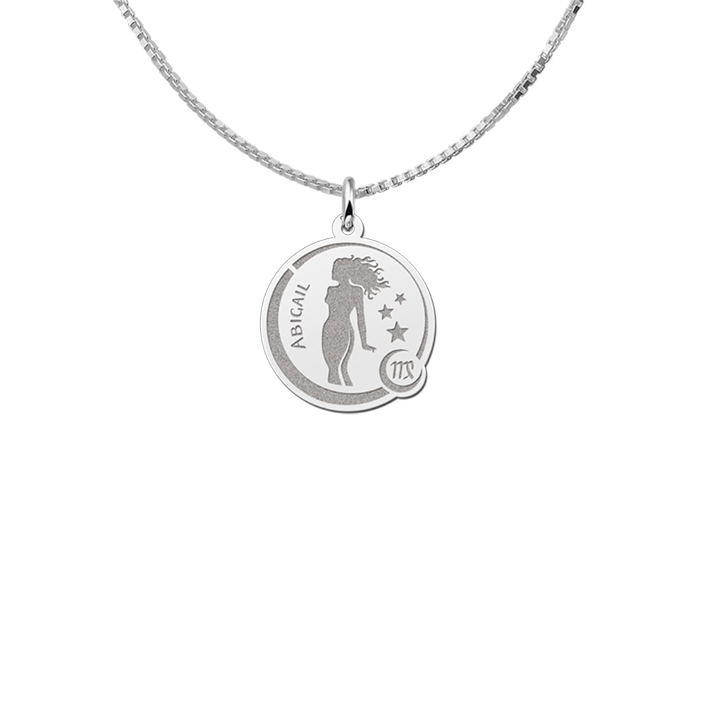 Colgante Redondo de Plata Signo del Zodiaco Virgo con Grabado de Nombre