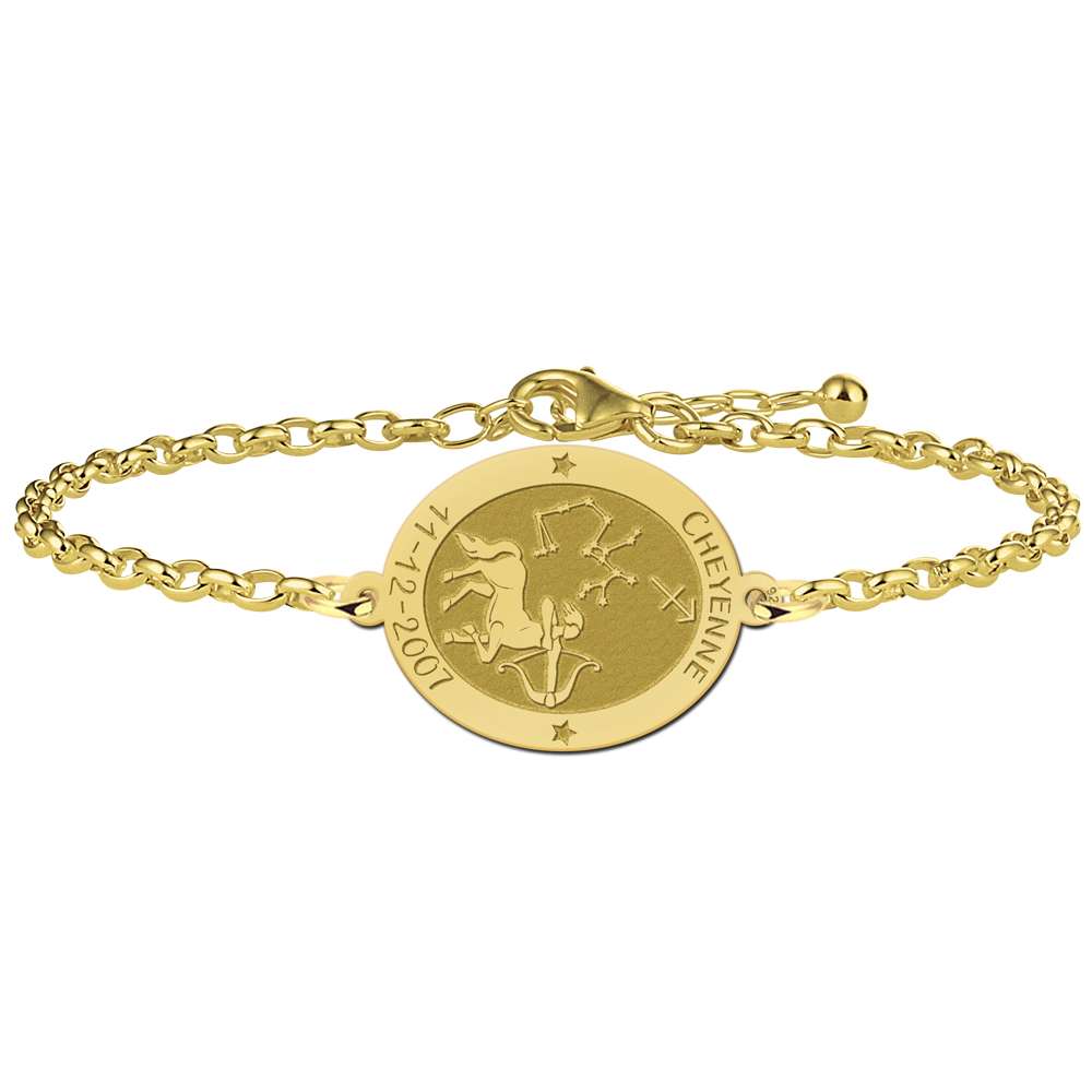 Pulsera Ovalada Signo del Zodíaco Sagitario Chapada en Oro con Nombre y Fecha
