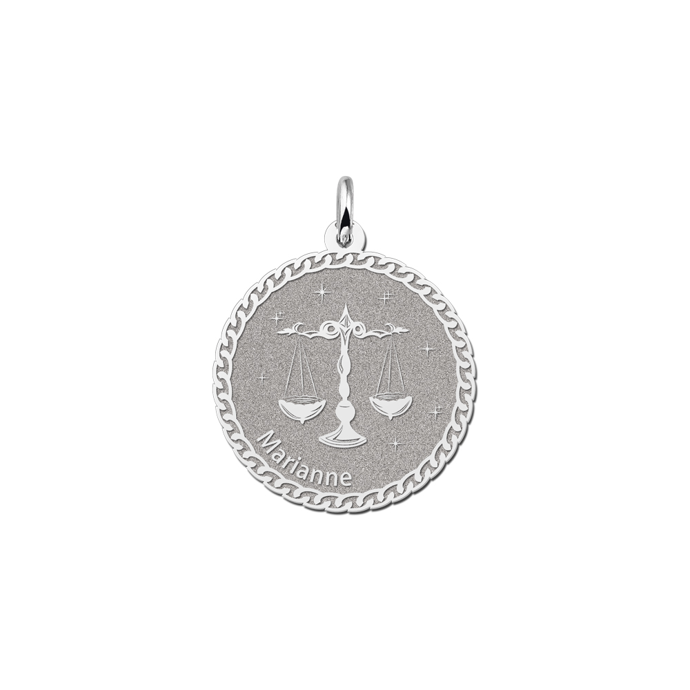 Colgante Redondo de Plata Signo del Zodiaco Libra con Grabado de Nombre