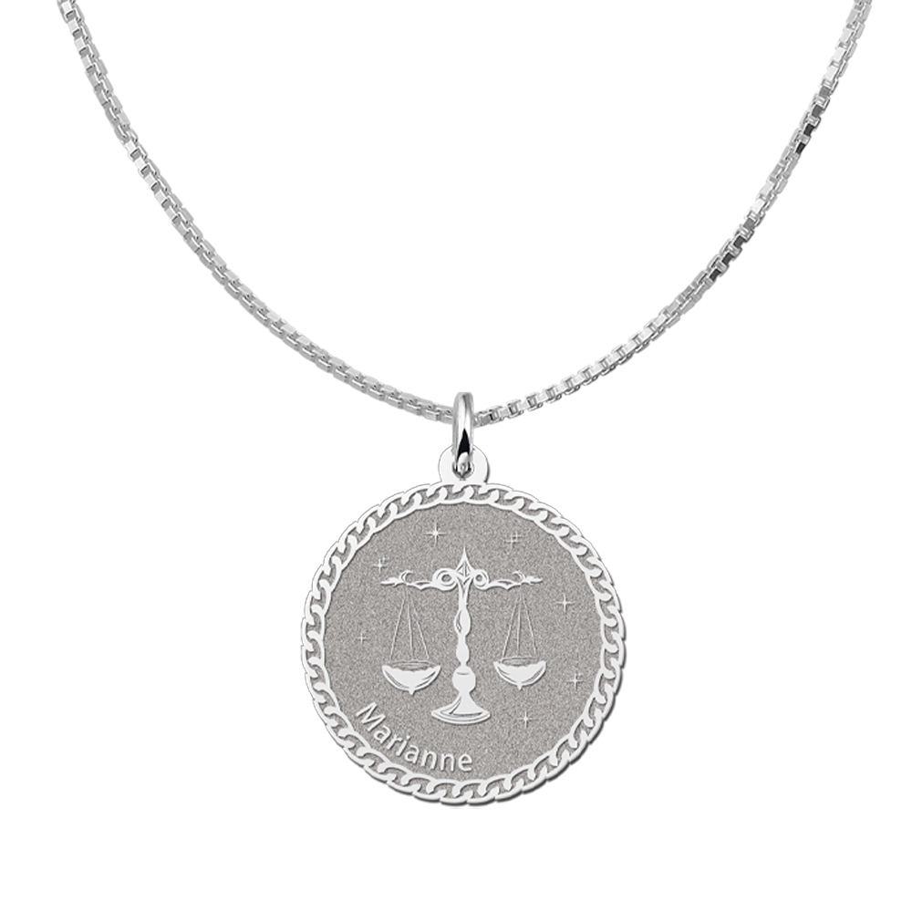 Colgante Redondo de Plata Signo del Zodiaco Libra con Grabado de Nombre