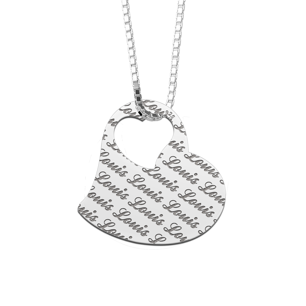 Colgante personalizado de plata en forma de corazón y con texto repetido