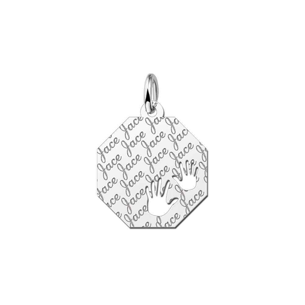 Colgante octogonal de plata patrón de nombre & manos