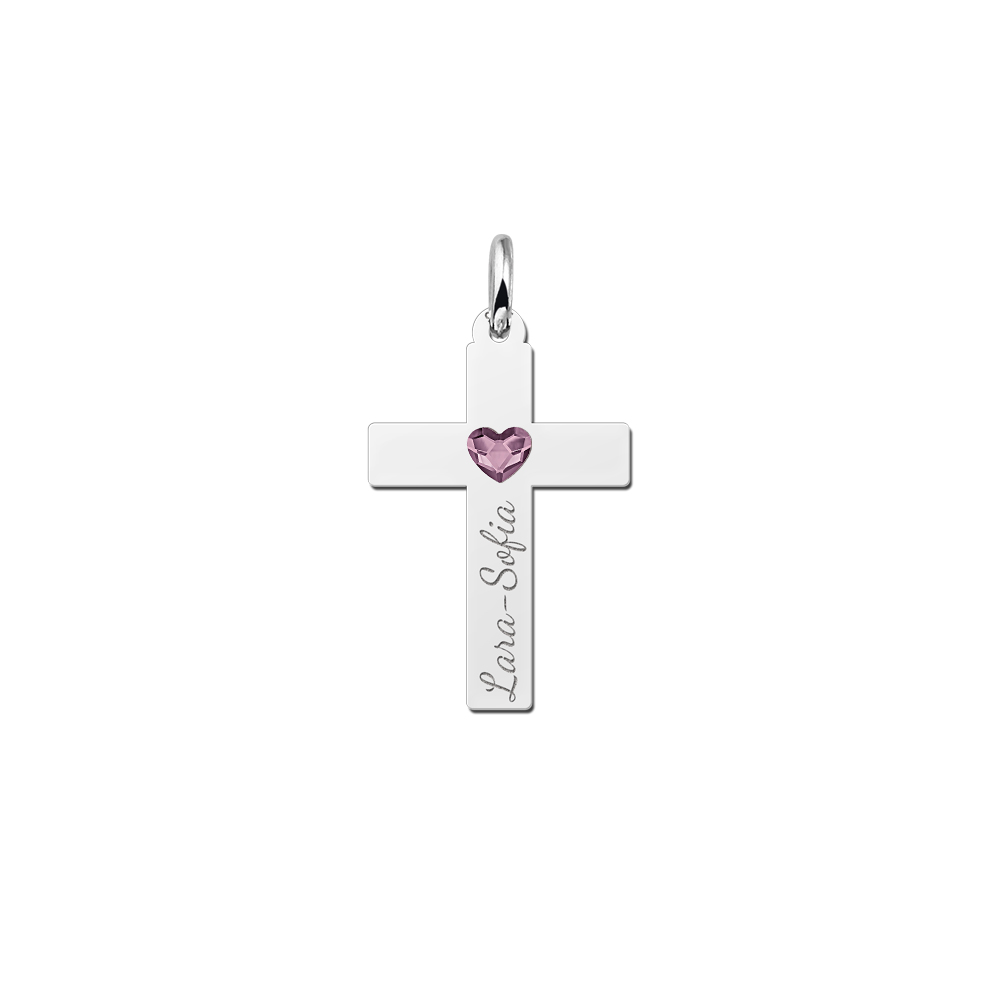 Colgante de cruz de plata con circonita en forma de corazón y nombre grabado Colgante de cruz de plata con circonita en forma de corazón y nombre grabado