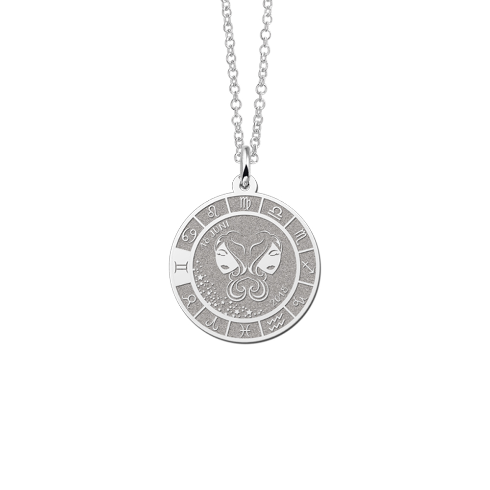 Colgante Redondo de Plata Signo del Zodiaco Géminis con Grabado