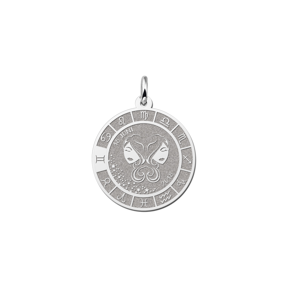 Colgante Redondo de Plata Signo del Zodiaco Géminis con Grabado