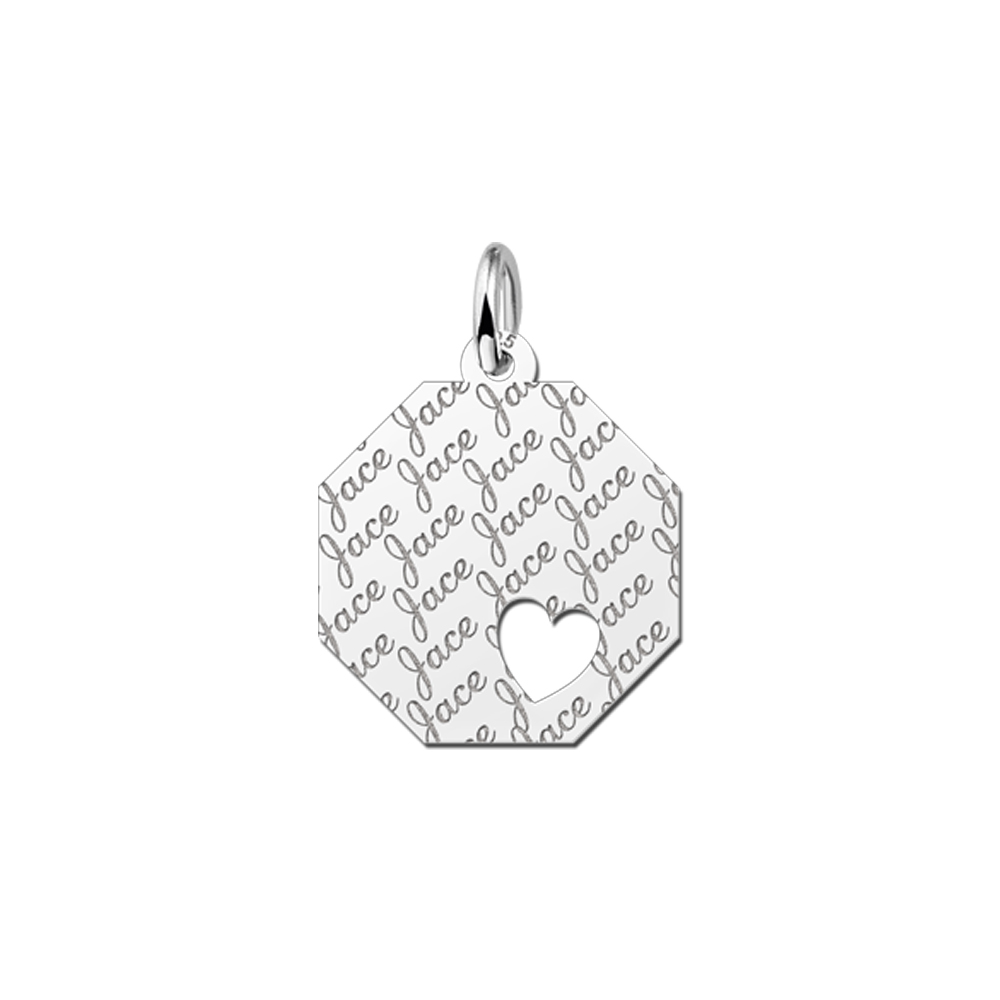 Colgante octogonal de plata con patrón de nombre y corazón