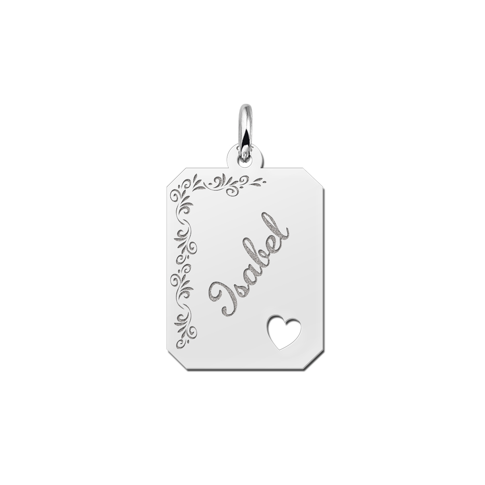 Placa de plata grabado rectangular16 con borde de flor y corazoncito Placa de plata grabado rectangular16 con borde de flor y corazoncito