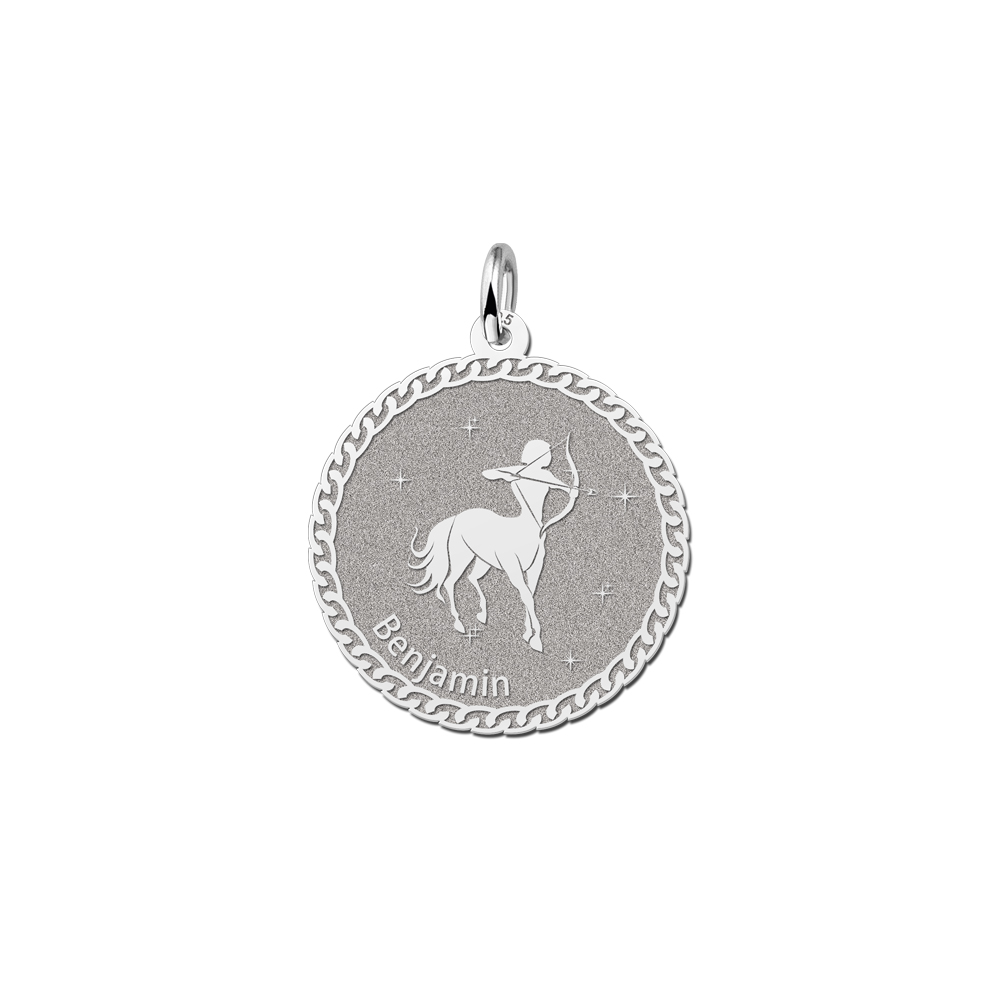 Colgante Redondo de Plata Signo del Zodiaco Sagitario con Grabado de Nombre