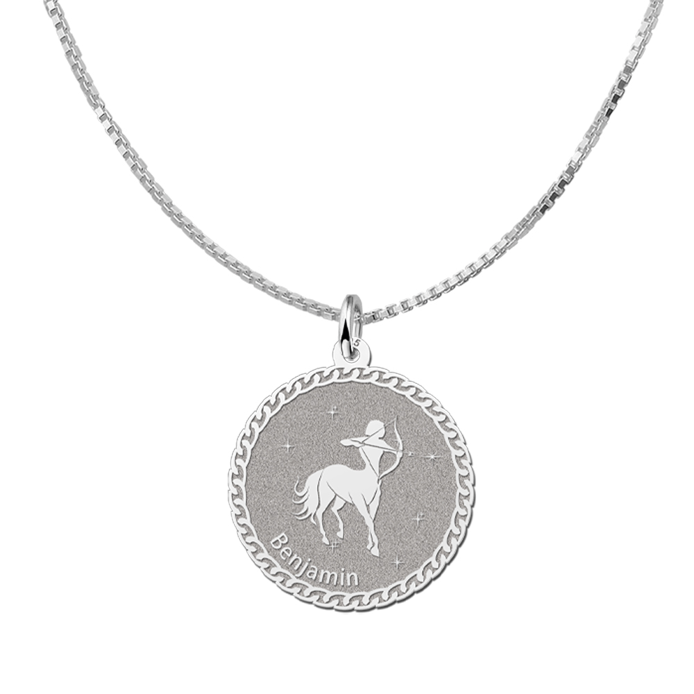 Colgante Redondo de Plata Signo del Zodiaco Sagitario con Grabado de Nombre