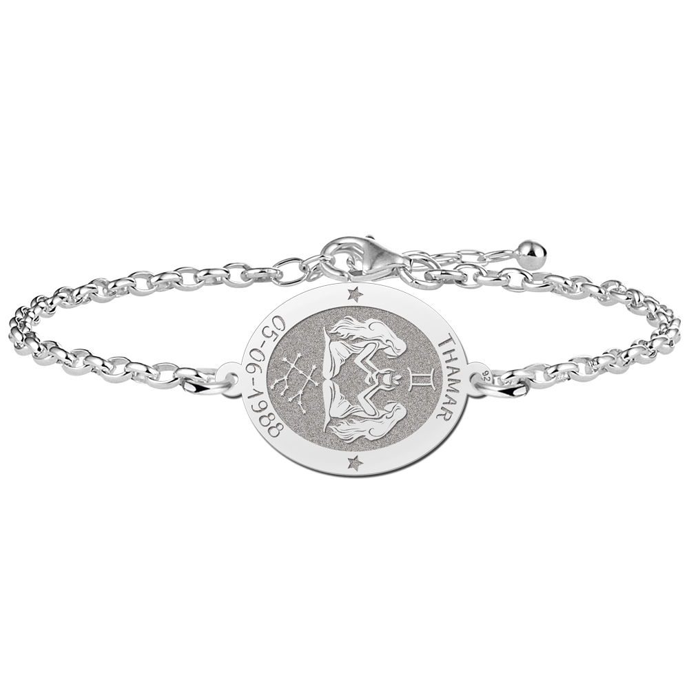 Pulsera de Plata Signo del Zodiaco Géminis con Grabado