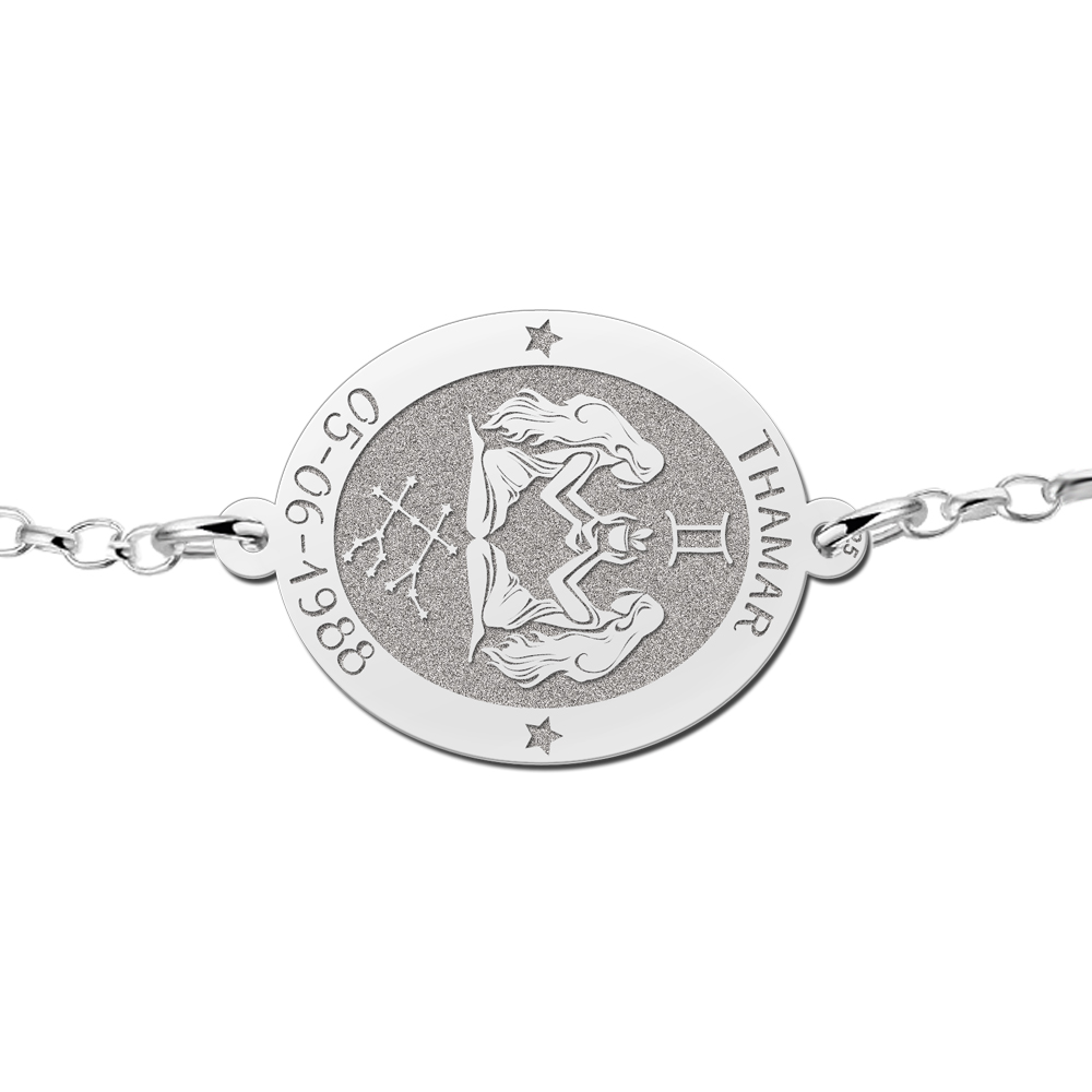 Pulsera de Plata Signo del Zodiaco Géminis con Grabado