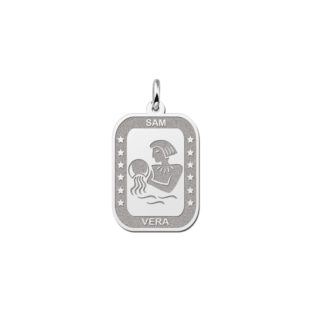 Colgante Rectangular de Plata Signo del Zodiaco Acuario con Grabado