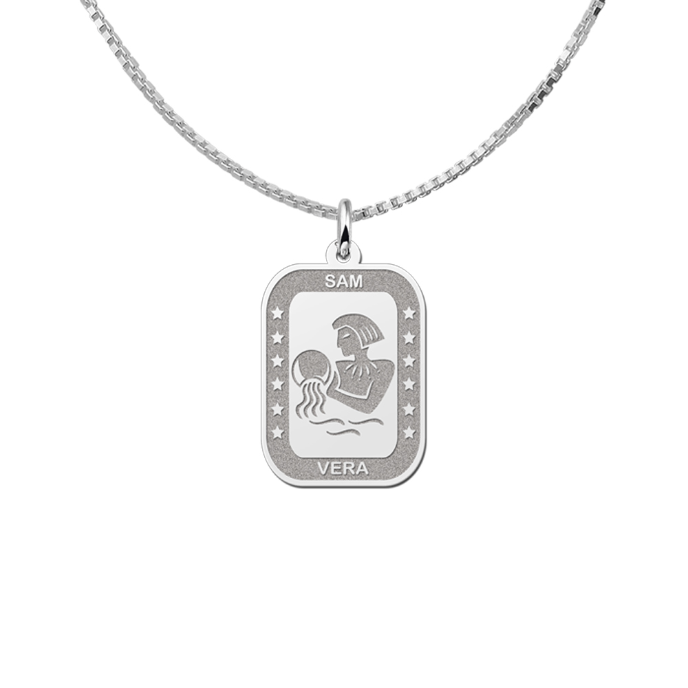 Colgante Rectangular de Plata Signo del Zodiaco Acuario con Grabado