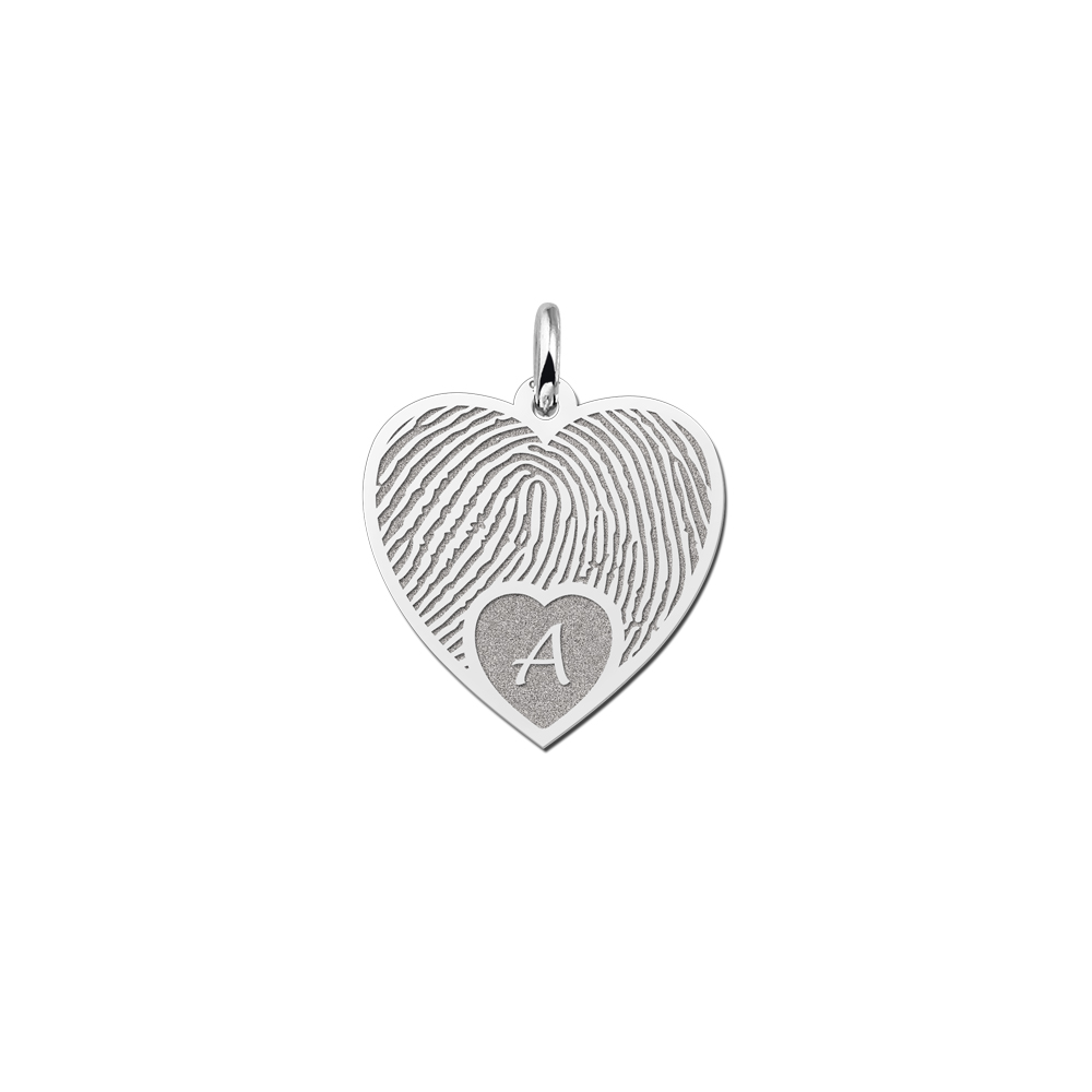 Colgante de corazón de plata con huella dactilar e inicial