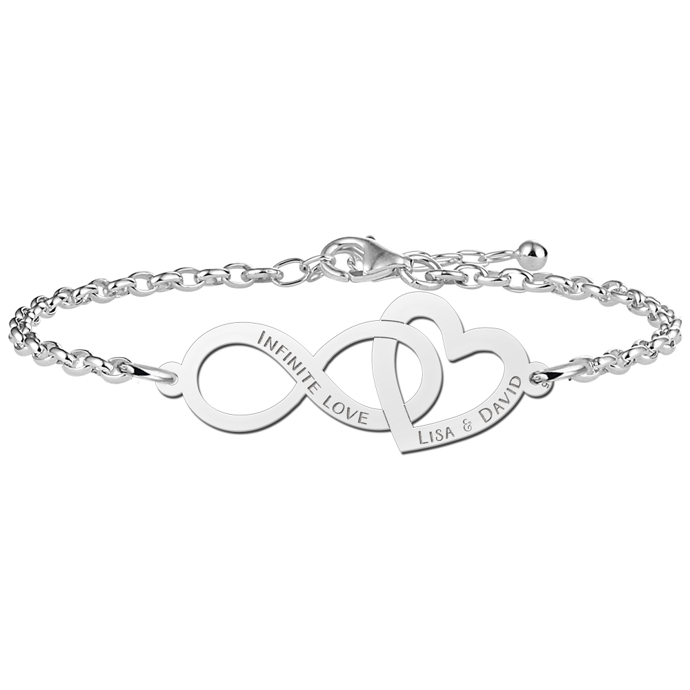 Pulsera de plata con símbolo infinito, corazón y nombres Pulsera de plata con símbolo infinito, corazón y nombres