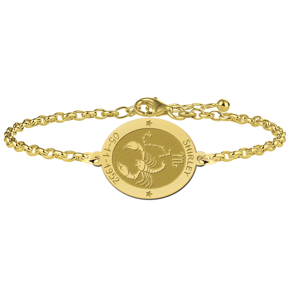 Pulsera Ovalada Signo del Zodíaco Escorpio Chapada en Oro con Nombre y Fecha