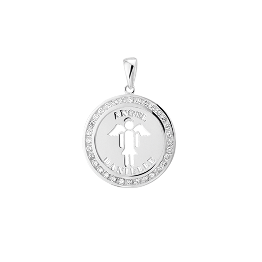 Colgante Ángel personalizado en plata, con zircón y borde decorativo Colgante Ángel personalizado en plata, con zircón y borde decorativo
