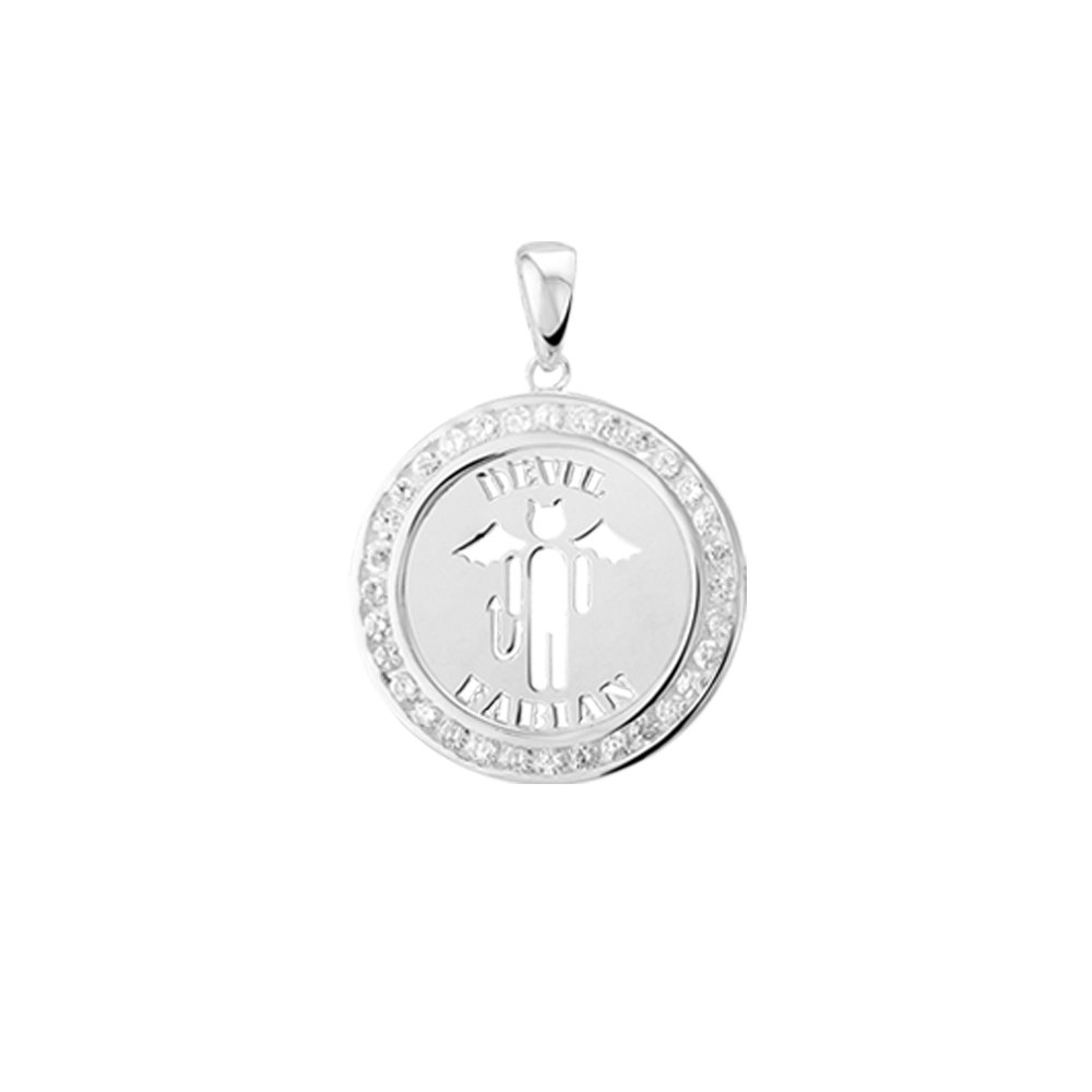 Colgante Diablo personalizado en plata, con zircón y borde decorativo Colgante Diablo personalizado en plata, con zircón y borde decorativo