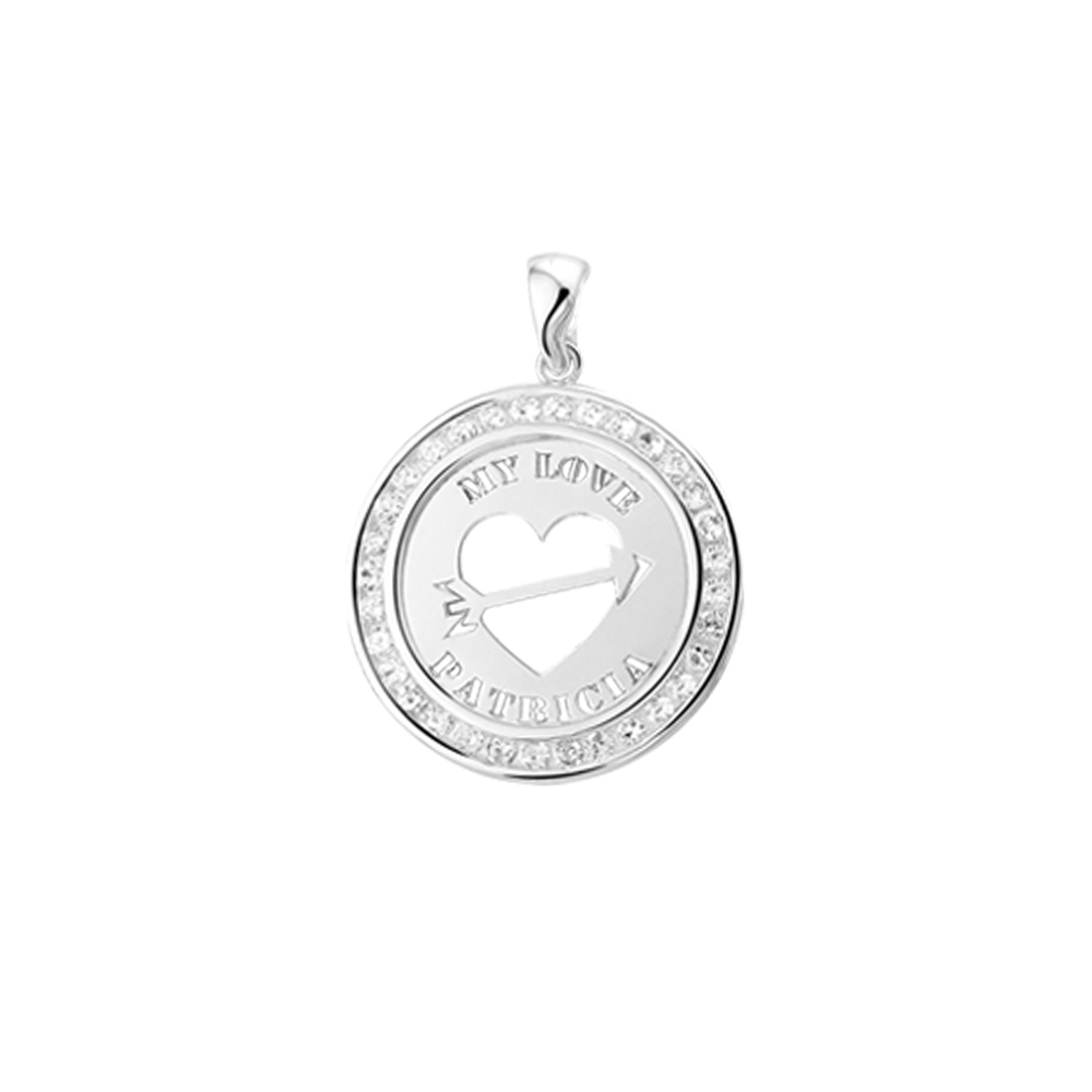 Colgante Amor personalizado en plata, con zircón y borde decorativo