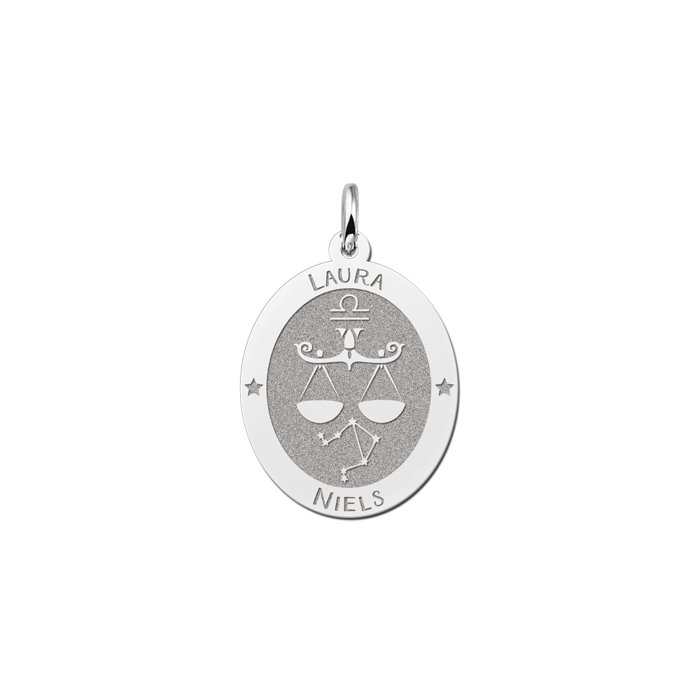 Colgante Ovalado de Plata Signo del Zodiaco Libra con Grabado de Nombre